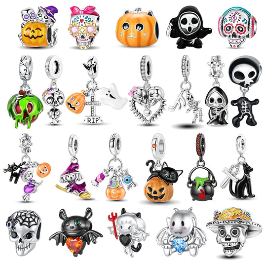 Sterling Silver Halloween Skull Bat Pumpkin Charm Pendant for DIY Jewelry