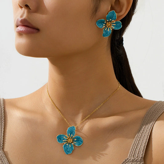 Trendy Blue Enamel Floral Petal Necklace And Earring Set