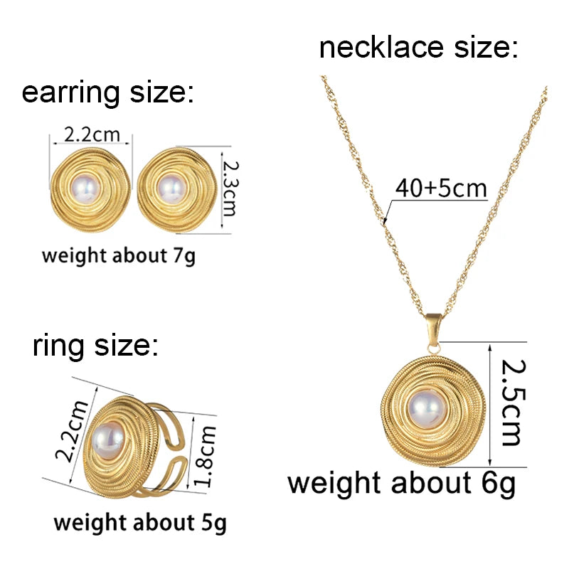 Letdiffery Vintage Golden Pearl Pendant Jewelry Set with Stainless Steel Geometric Round Earrings Necklace and Ring for Women