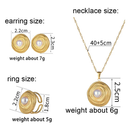 Letdiffery Vintage Golden Pearl Pendant Jewelry Set with Stainless Steel Geometric Round Earrings Necklace and Ring for Women
