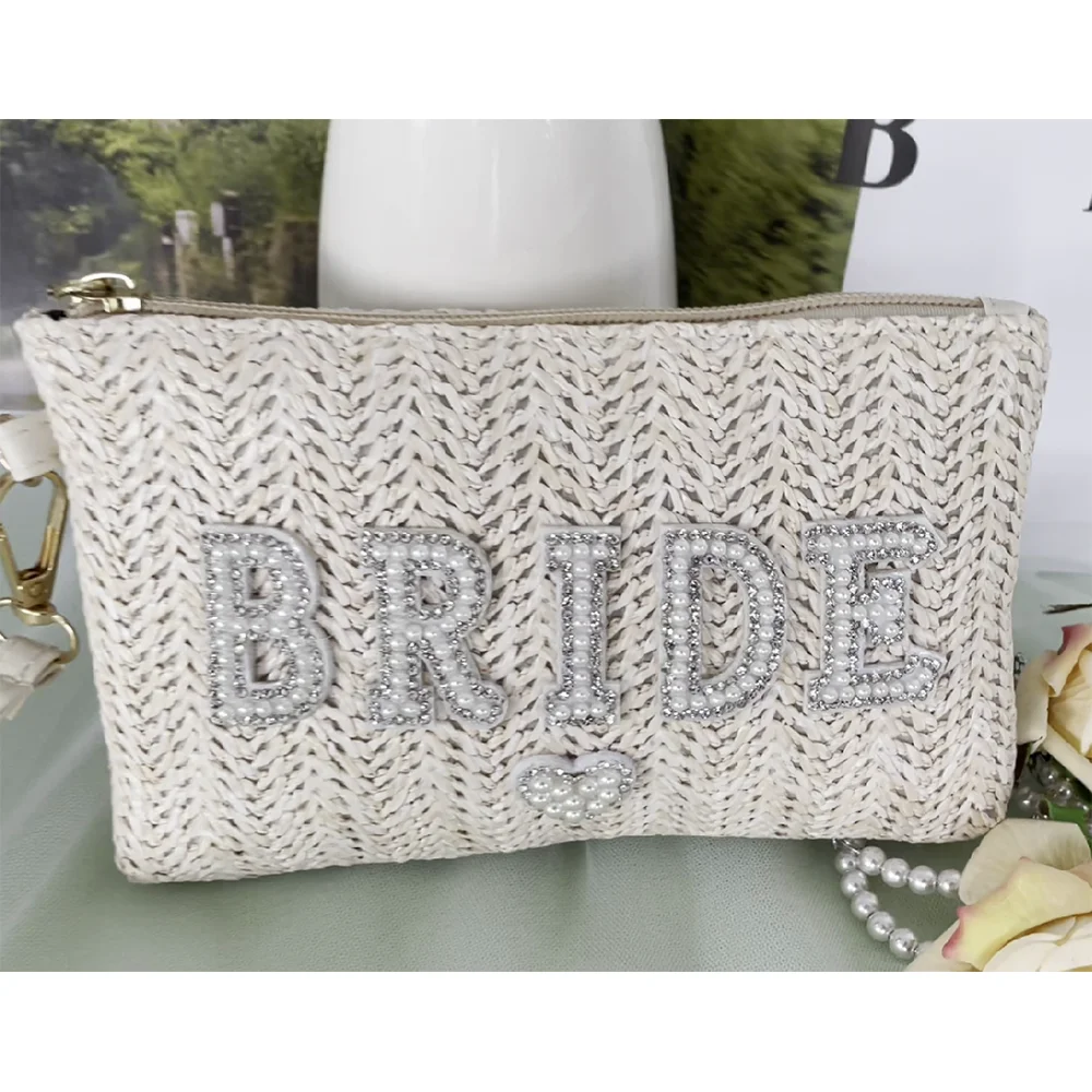 Elegant Beach Bride White Pearls Handbag with Bow for Bridal Shower and Honeymoon