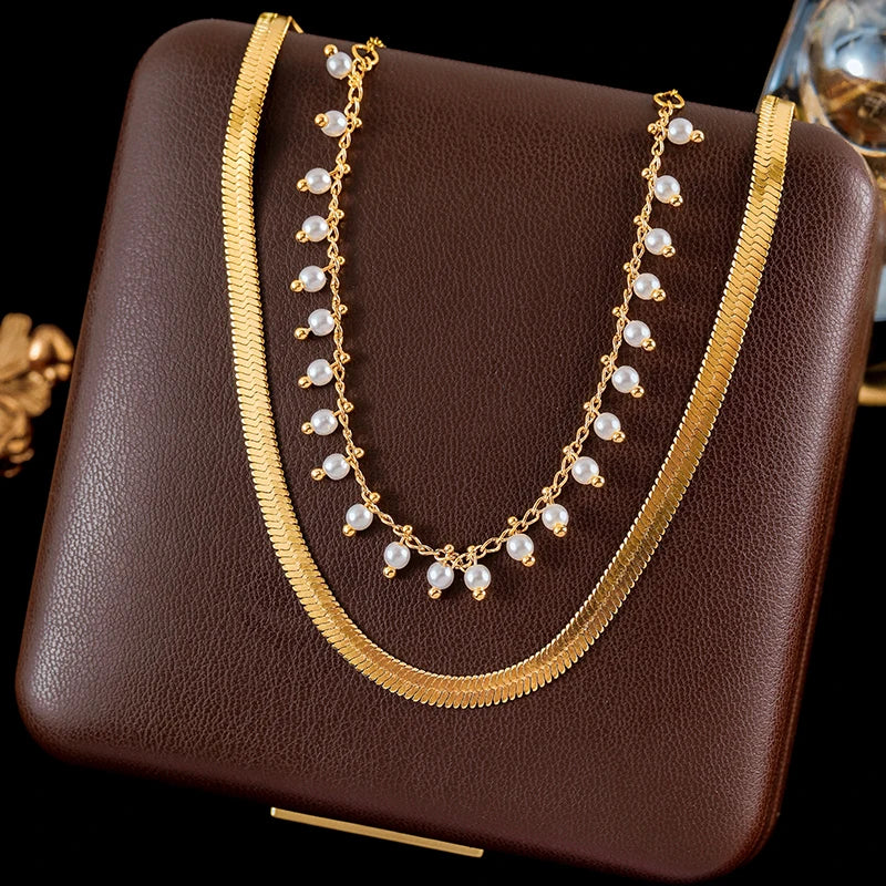 Ganemly Elegant 316L Stainless Steel Double Layer Pearl Necklace for Women 18K Gold Plated Waterproof Fashion Jewelry