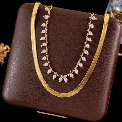 Ganemly Elegant 316L Stainless Steel Double Layer Pearl Necklace for Women 18K Gold Plated Waterproof Fashion Jewelry
