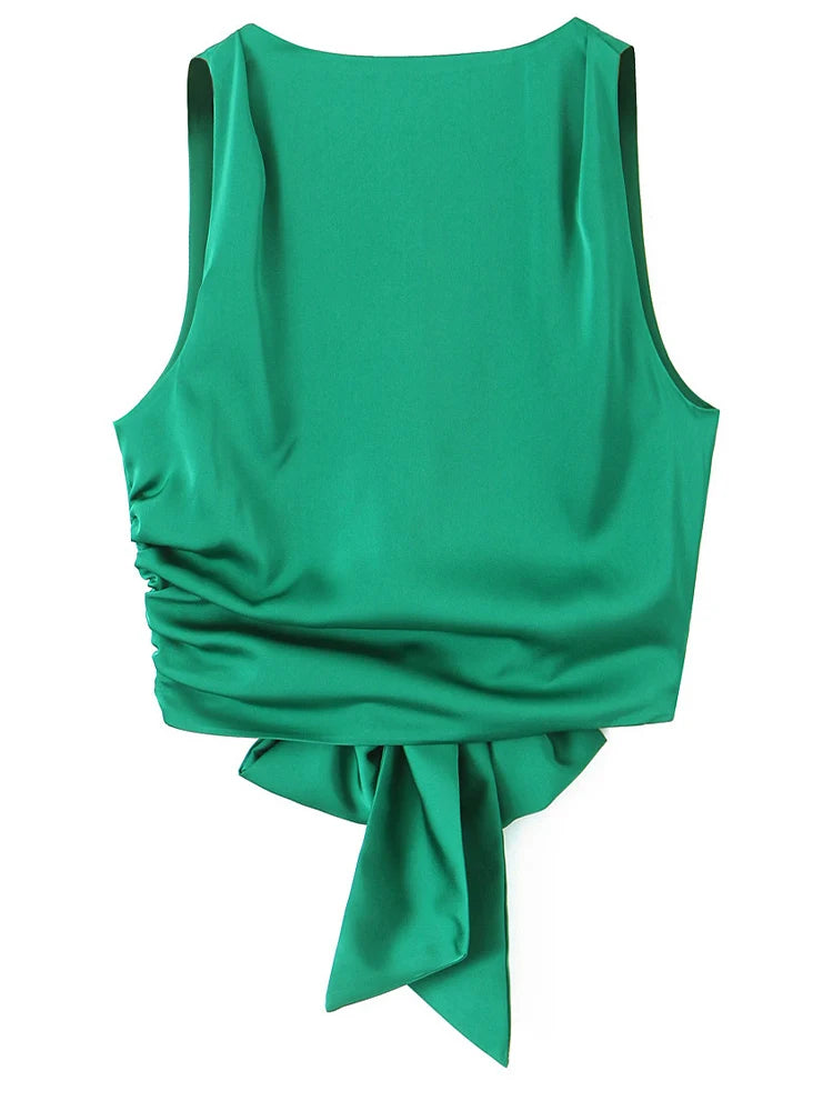 DozwCN Women Bow Backless Cropped Tank Top Solid Chic