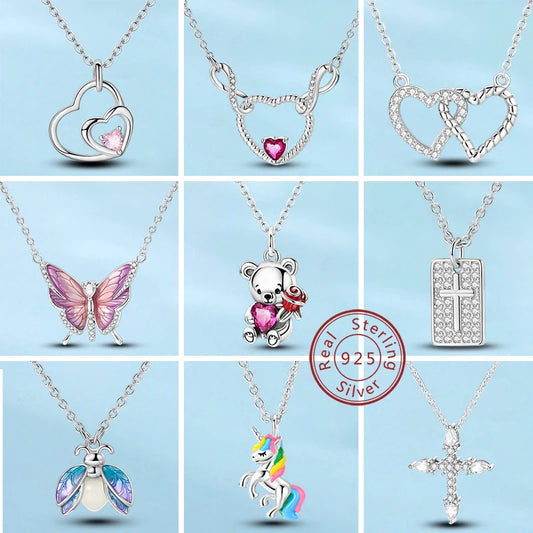 Elegant 925 Sterling Silver Zircon Butterfly Heart Pendant Necklace for Women Anniversary Gift
