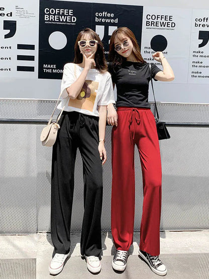 Summer Lace Up Wide Leg High Waist Pants for Women Ice Silk
