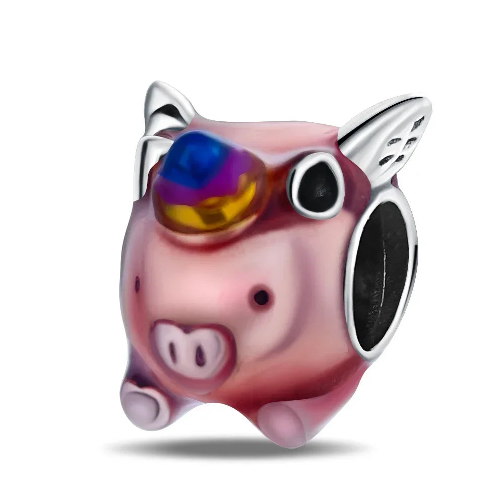 925 Silver Lucky Dragon Flying Pig Lion Penguin Pendant Beads for Women Bracelets Gift PYC3373
