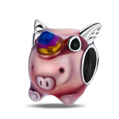 925 Silver Lucky Dragon Flying Pig Lion Penguin Pendant Beads for Women Bracelets Gift PYC3373