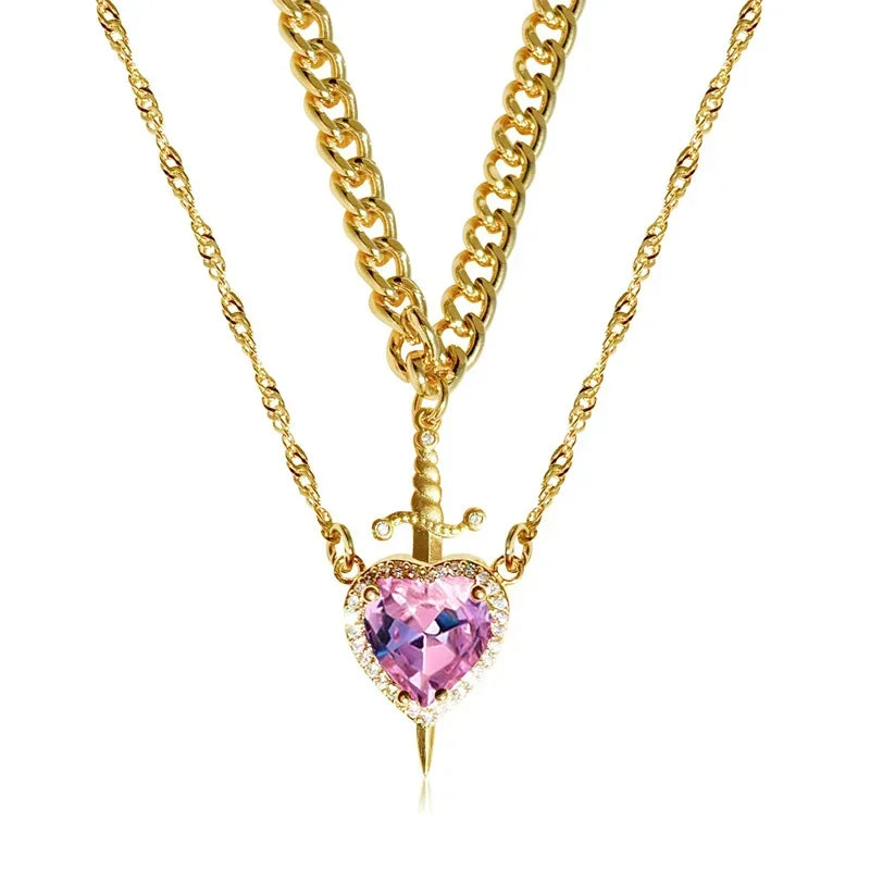 Assembled Heart and Sword Zircon Pendant Necklace Set for Couples Silver Gold Plated Choker Jewelry Gifts