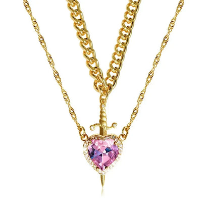 Assembled Heart and Sword Zircon Pendant Necklace Set for Couples Silver Gold Plated Choker Jewelry Gifts