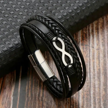 Men's Leather Bracelet with Stainless Steel Tree of Life Charm - Stylish Multi-Layer Fashion Accessory