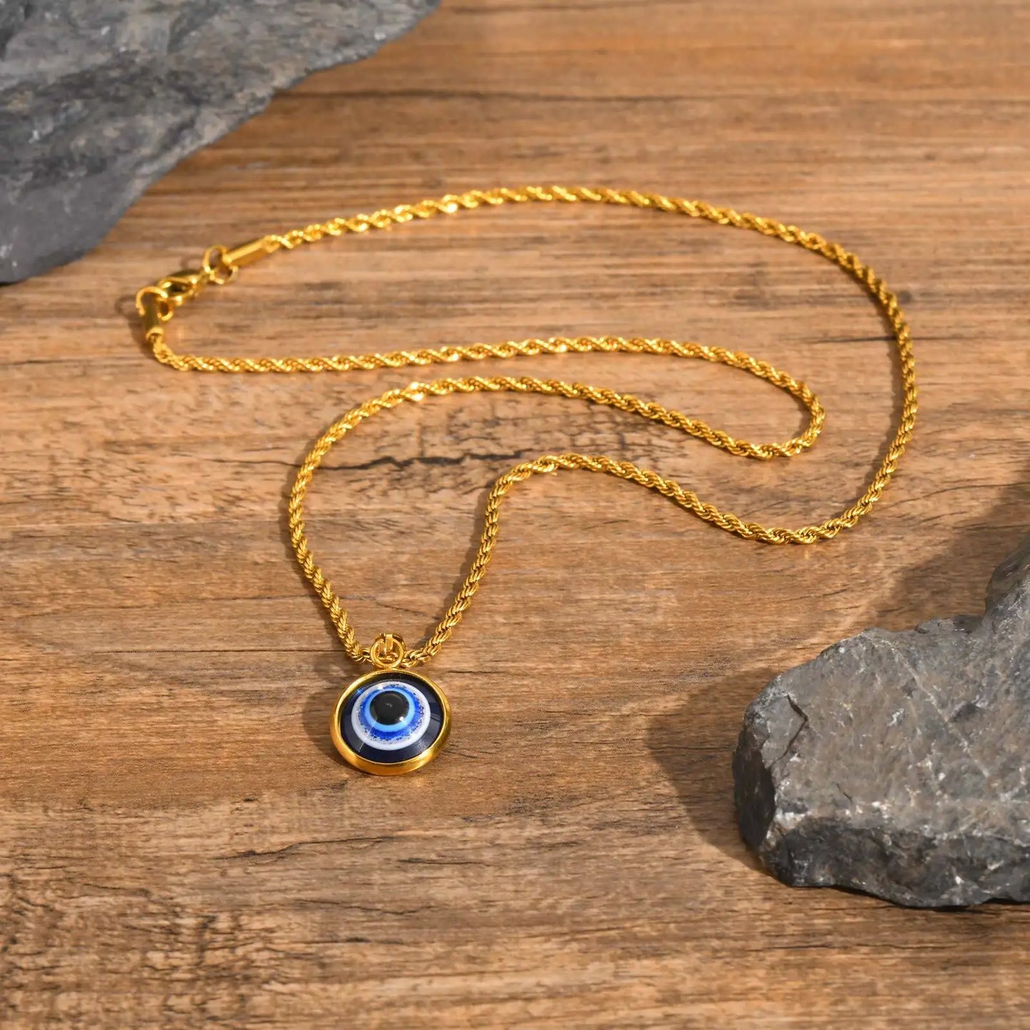 Men's Stainless Steel Evil Eye Necklace with Turkish Charm and Box Rope Chain