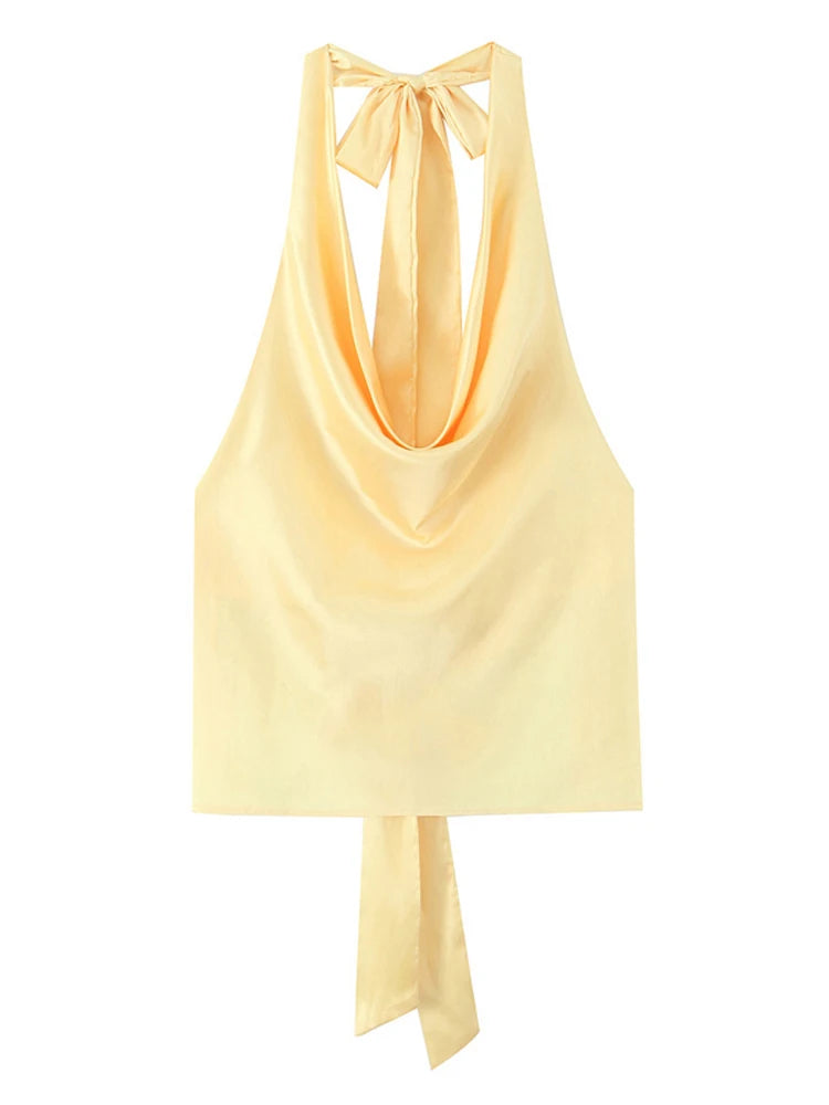 Satin Halter Top With Adjustable Tie Open Back Beach Blouse