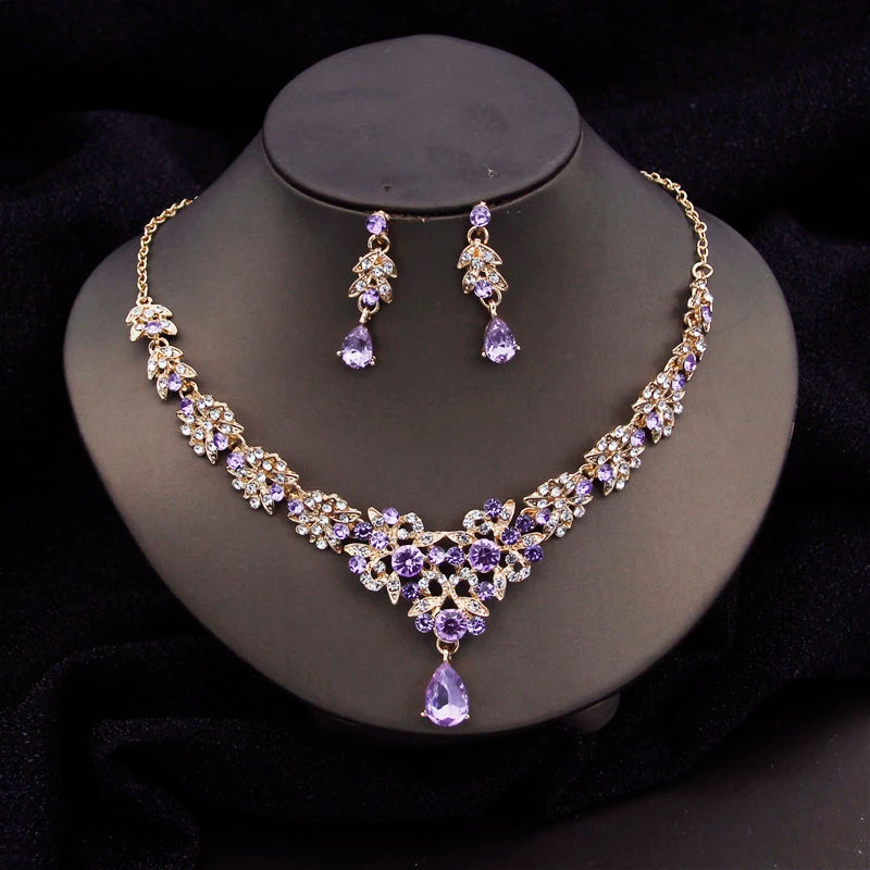 Water Drop Crystal Luxury Bridal Jewelry Set - Top-Rated Choker Necklace & Earrings for Weddings Purple