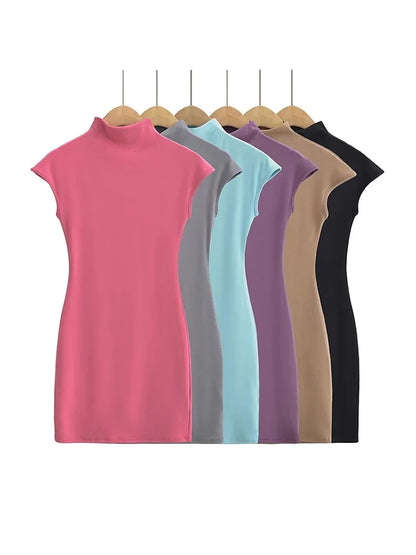 Knit Mini Dress for Women Short Sleeve Pink Bodycon Vintage