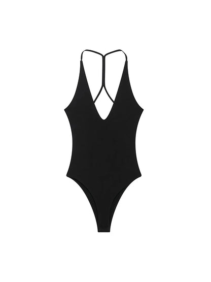 Women Solid Backless Bodysuit Slim V Neck Sling Top