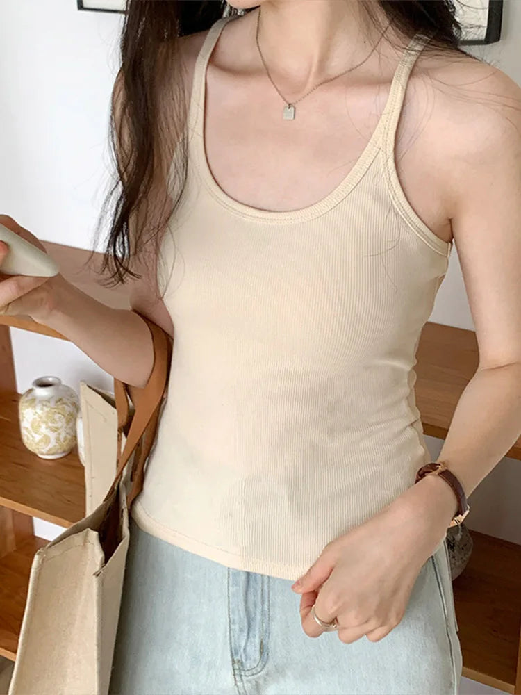 Summer Solid Slim Knit Tank Top For Women Casual Cotton