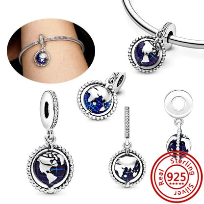 Sterling Silver Blue Zircon Feather Crown Moon Pendant Charm Bracelet Beads N036 3mm-4mm