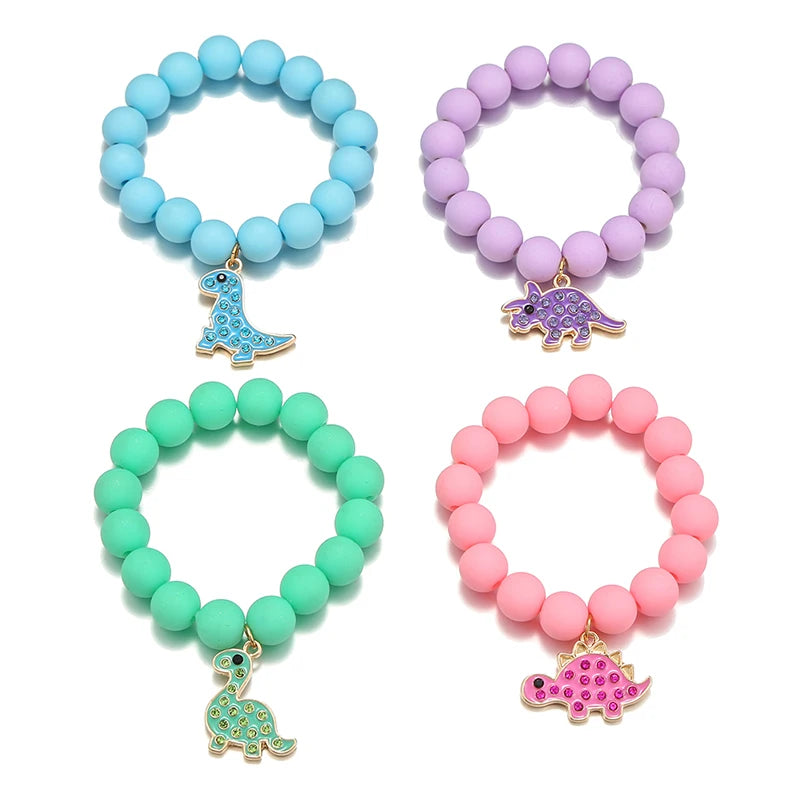 Adorable Cartoon Dinosaur Charm Elastic Bracelets for Girls Jewelry Gift Set