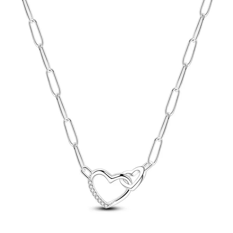 925 Sterling Silver Necklace with Pink Bow Heart Moon Butterfly Pendant Elegant Zircon Charm for Women Classic DIY Gift