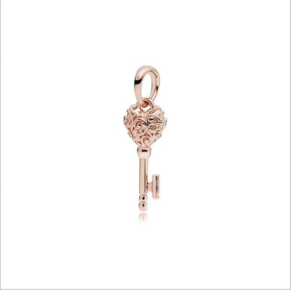 Rose Gold Padlock Heart Key Pendant Necklace for Women 925 Silver with Zircon Beads P030-R