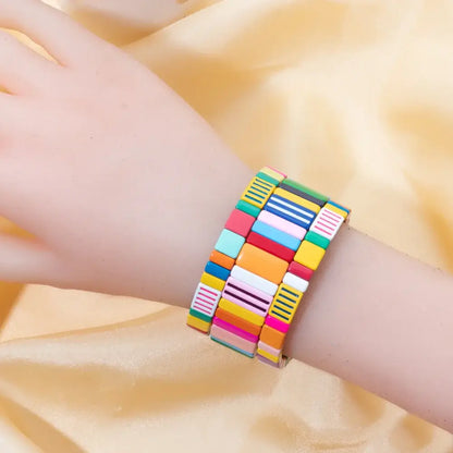 2024 Green Enamel Bracelets for Women - Elegant Beaded Elastic Bangles Accessories
