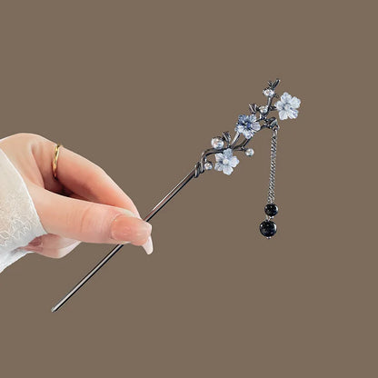 Elegant Ink Flower Tassel Hairpin Forks for Women - Modern Hanfu Hair Jewelry with Black Beads Fringe