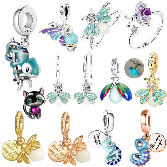 925 Sterling Silver Dangle Charm Chameleon Firefly Ring Earrings Bead Charms for DIY Bracelet Fine Jewelry