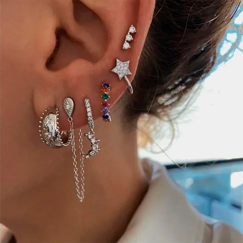 Crmya Gold Plated Women's Earrings Set with Vintage CZ Zircon Drop and Stud Hoops