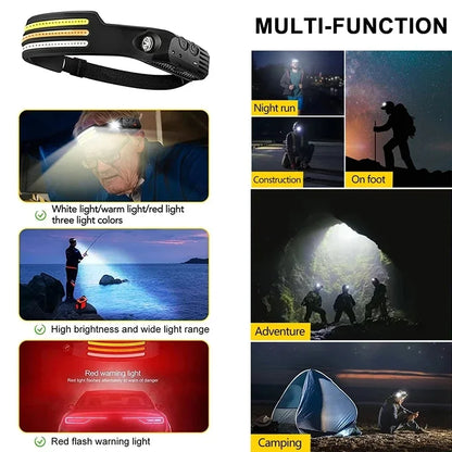 LED COB Induction Headlamp USB Rechargeable Waterproof 5 Modes