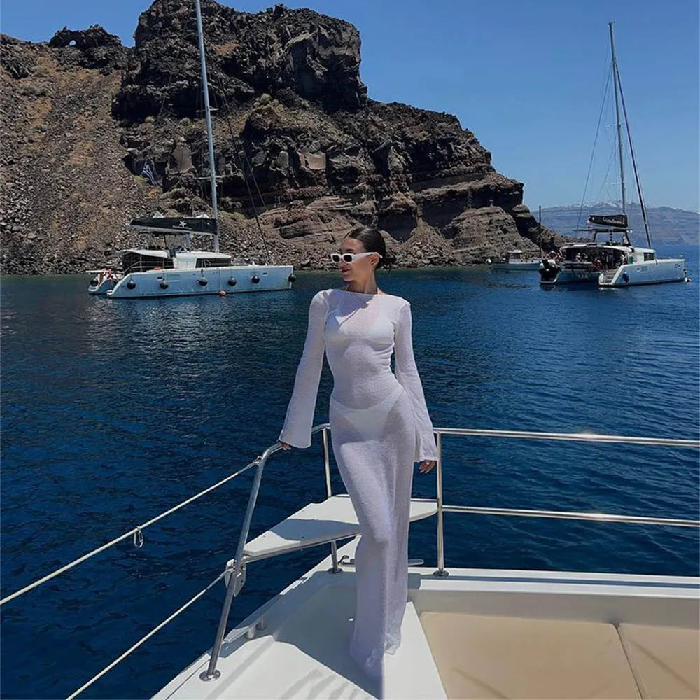 Fashion Women Wrapped Dress Long Sleeve Backless Summer Cover Up