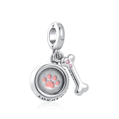Sterling Silver Paw Print and Bone Charm Bead for Pet Bracelet Jewelry