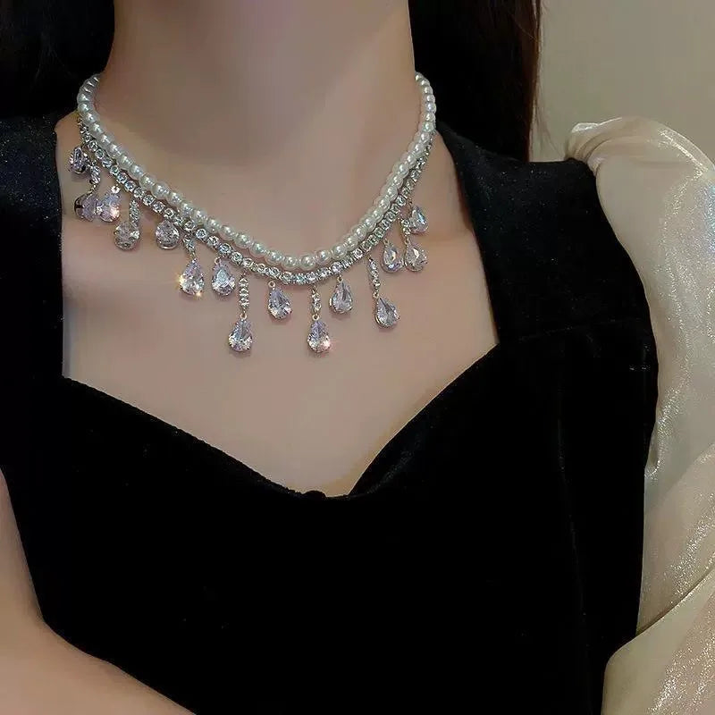 Crystal Water Drop Pendant Necklace for Women with Pearl Collarbone Chain