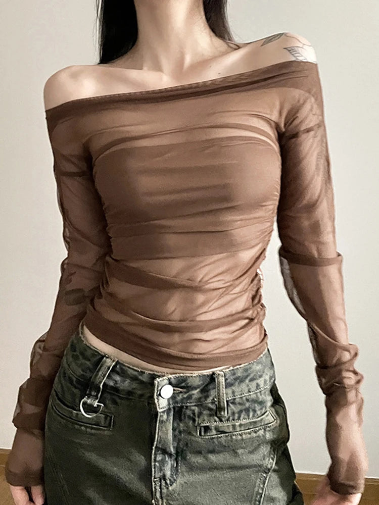 Dozw Sexy Sheer Mesh Two Piece Set Neck Crop Top Women