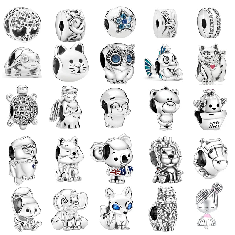 925 Sterling Silver Animal Charms Bracelet Beads with Zircon - Unicorn, Squirrel, Elephant