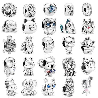925 Sterling Silver Animal Charms Bracelet Beads with Zircon - Unicorn, Squirrel, Elephant