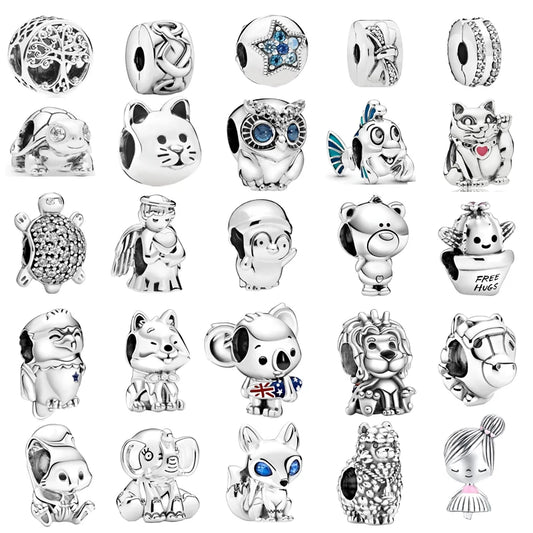 Sterling Silver Animal Charm Beads for Bracelets Featuring Unicorns, Squirrels, Elephants, Owls, Cats, Dogs, Lions, Bears and Rabbits