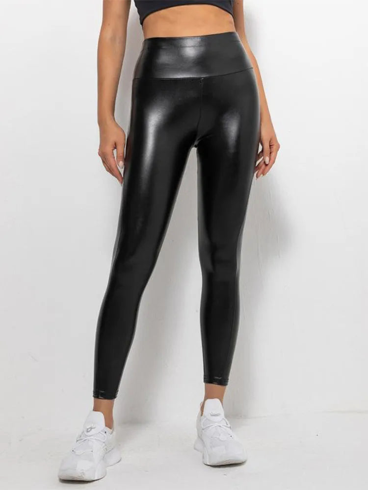 Butt Lift PU Leather Leggings High Waist Shiny Black
