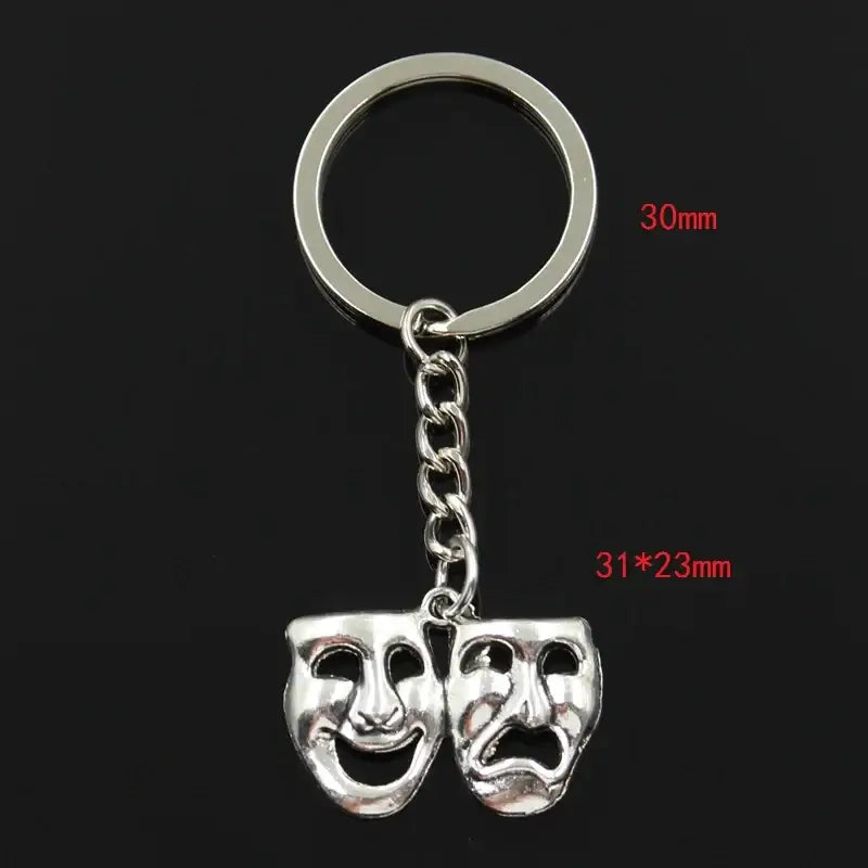 Fashion Metal Keychain with Comedy Tragedy Masks Pendant 30mm silver