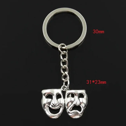 Fashion Metal Keychain with Comedy Tragedy Masks Pendant 30mm silver
