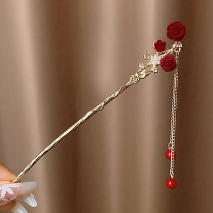 Elegant Ink Flower Tassel Hairpin Forks for Women - Modern Hanfu Hair Jewelry with Black Beads Fringe