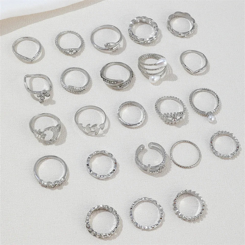 Silver Geometric Knuckle Rings Set for Women with Eye Cross Sun Moon Leaf Charms Boho Jewelry