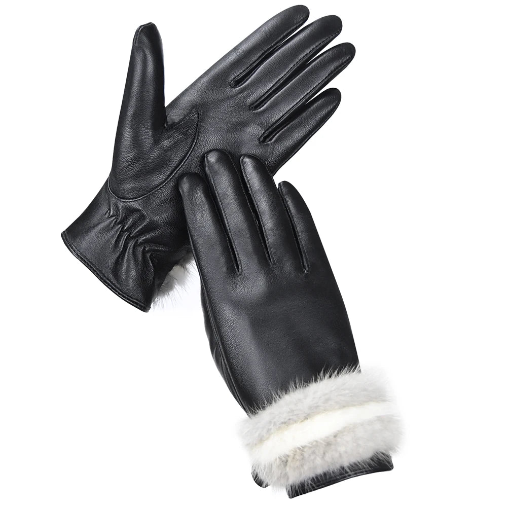 Autumn Winter Colorblocked Mink Lambskin Touchscreen Gloves