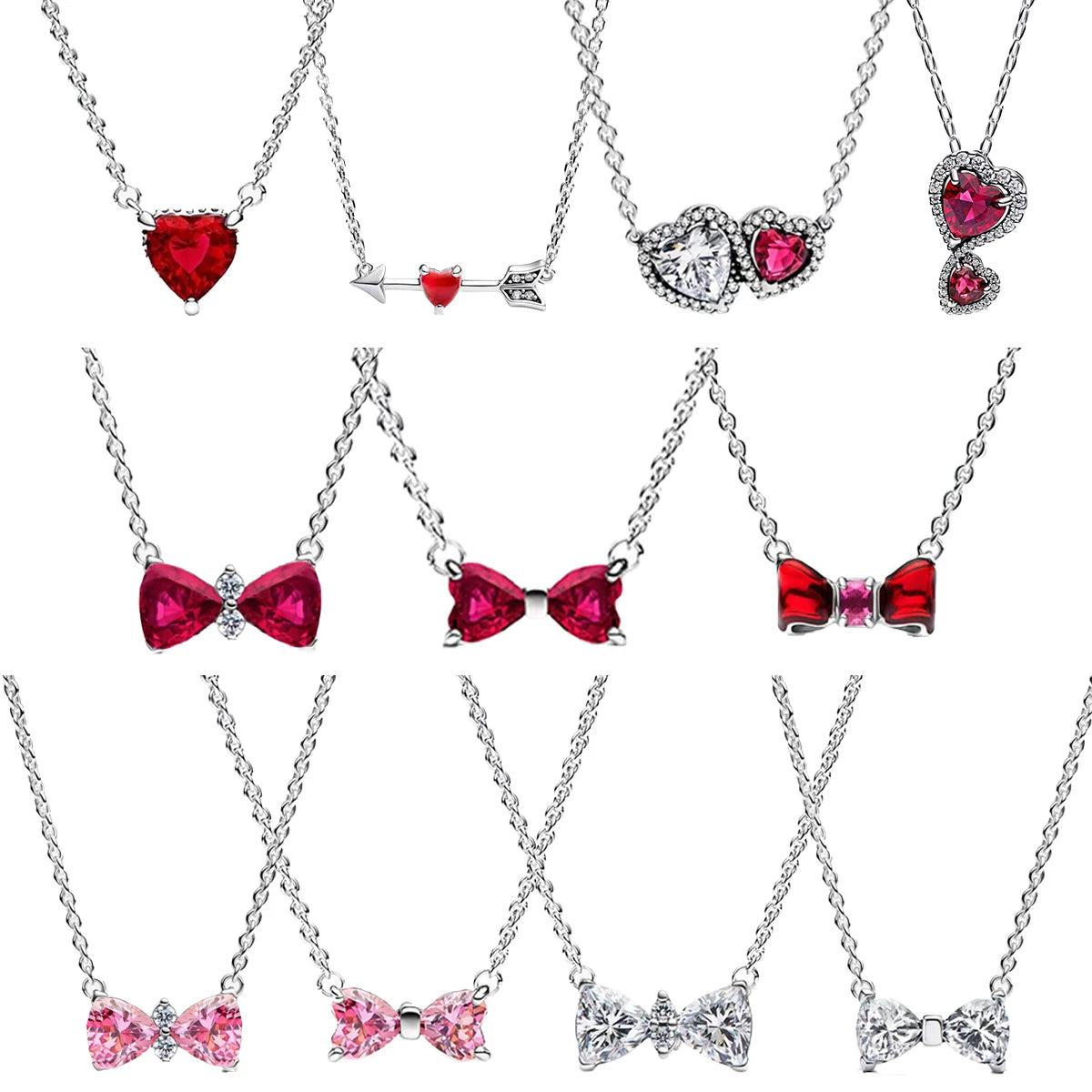 925 Sterling Silver Necklace with Colorful Bow Tie and Red Heart Zircon Pendant Classic Fashion Charm for Women