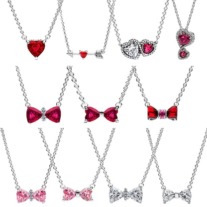 925 Sterling Silver Necklace with Colorful Bow Tie and Red Heart Zircon Pendant Classic Fashion Charm for Women