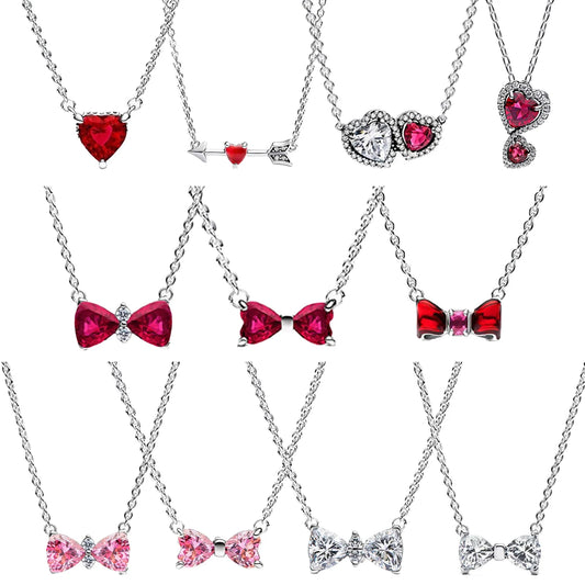 925 Sterling Silver Necklace with Colorful Bow Tie and Red Heart Zircon Pendant Classic Fashion Charm for Women