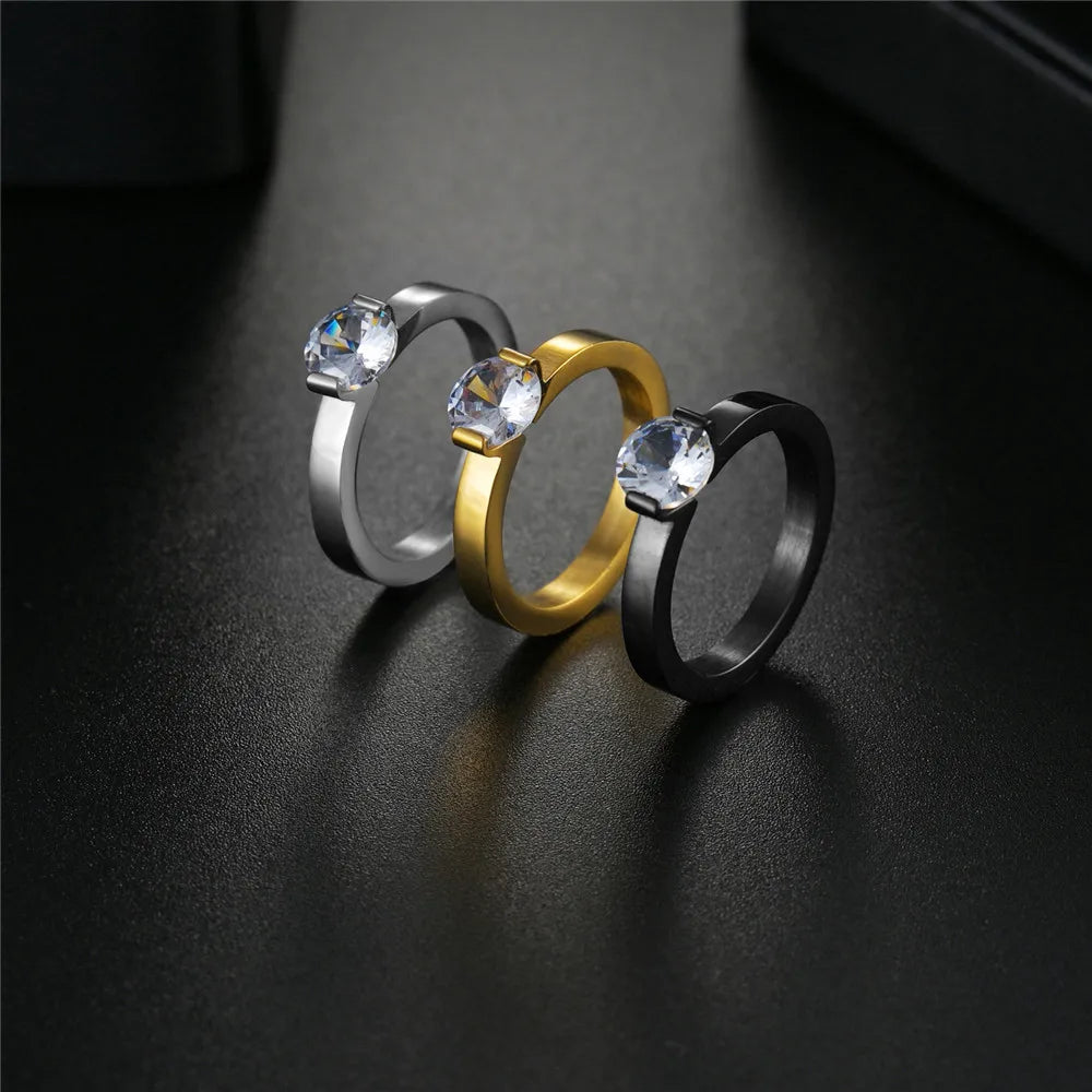 Elegant Zircon Crystal Stainless Steel Ring for Weddings and Engagements