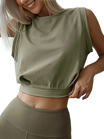 Women Cute Cotton Crop Top Sleeveless Yoga Fitness Tee