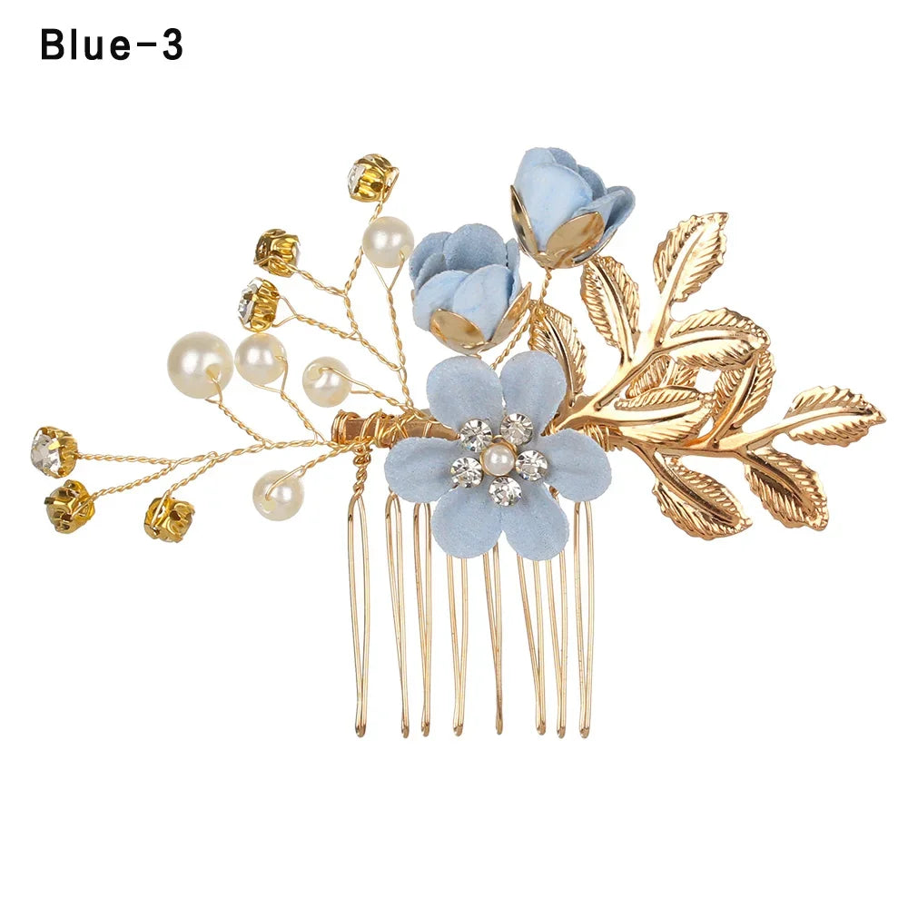 Luxury Crystal Crown Hair Combs - Elegant Bridal Clips with Leaf Design blue 3