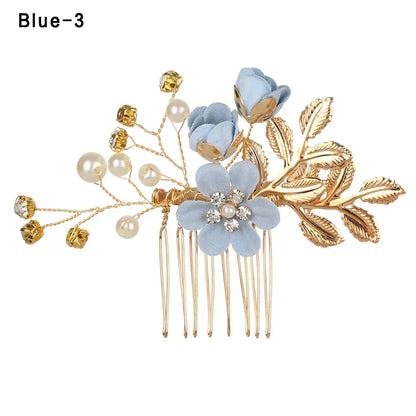 Luxury Crystal Crown Hair Combs - Elegant Bridal Clips with Leaf Design blue 3